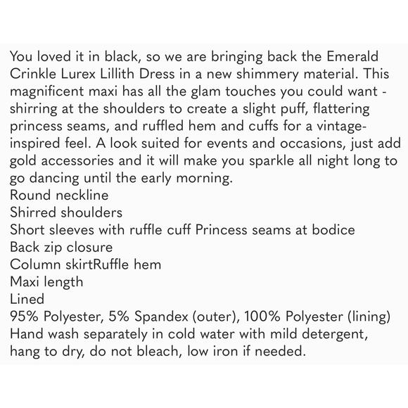 TUCKERNUCK Pomander Place Emerald Crinkle Lurex Lillith Dress NWT Size Medium - Picture 7 of 9